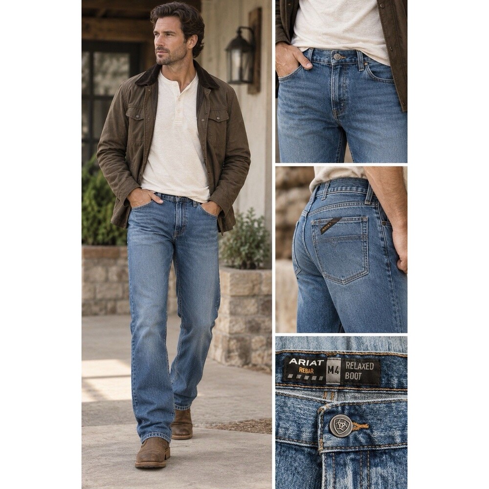 Ariat Rebar M4 Mens 40x34 Relaxed Boot Cut Jeans Blue Denim Work Western Cowboy